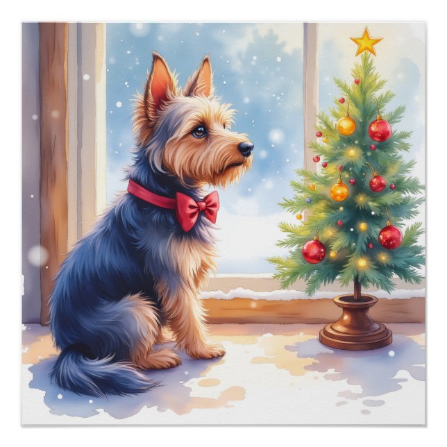 Póster Aquarela Australian Terrier Mesa de Natal (Frente)