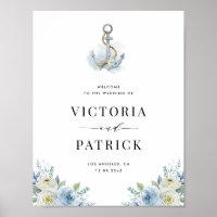 Aquarela Azul Floral Âncora Casamento Náutico