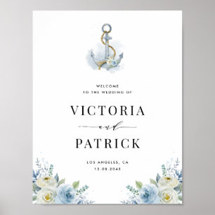 Poster Aquarela Azul Floral Âncora Casamento Náutico
