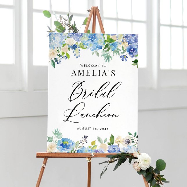 Poster Aquarela Azul Hydrangea Flores Bridal Luncheon (Watercolor Blue Hydrangea Flowers Bridal Luncheon Welcome Sign)