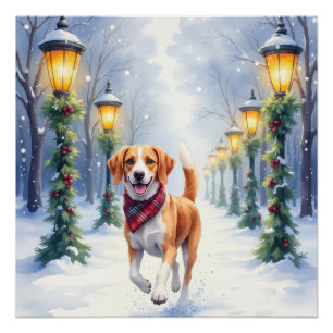 Póster Aquarela Beagle Parque Nevado Natal Férias