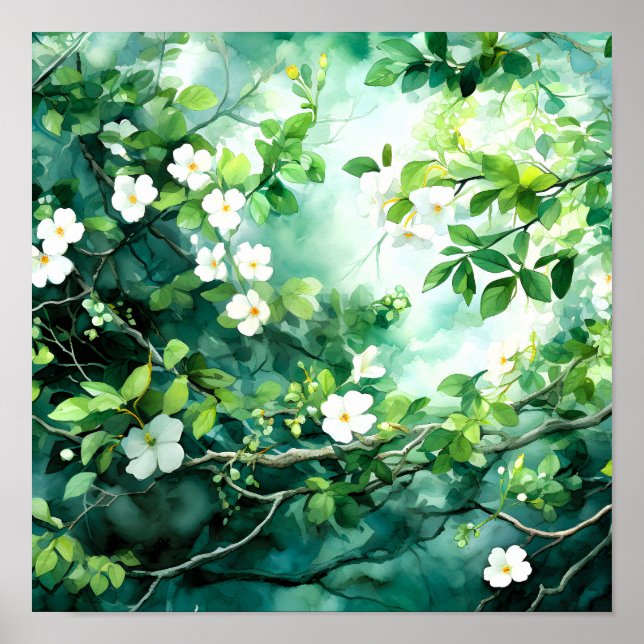 Poster Aquarela Botânica Flores Brancas Folhas Verdes (Frente)