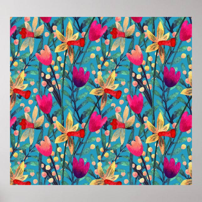 Poster Aquarela Brilhante: Design Floral Sem Costura. (Frente)