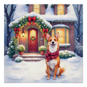 Póster Aquarela Casa de Basenji Natal Feriado
