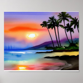 Poster Aquarela Cênica de Praia Tropical