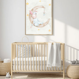 Poster Aquarela Coelho Dormindo na Lua Arte para Berçário