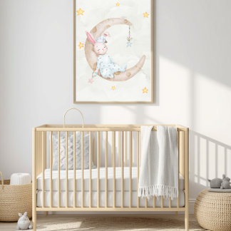Poster Aquarela Coelho Dormindo na Lua Arte para Berçário