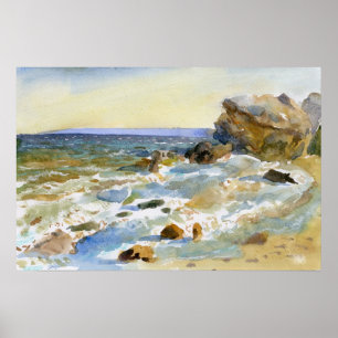 Poster Aquarela Costa de Golden Shellstone e Surf Branco