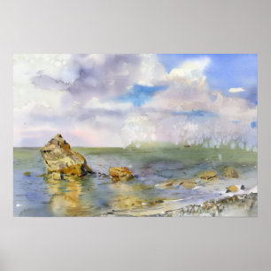 Poster Aquarela Costa Rochosa e Nuvens de Verão