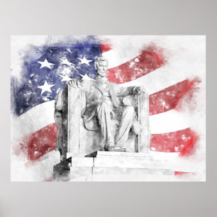 Poster Aquarela da bandeira americana ondulando no Lincol