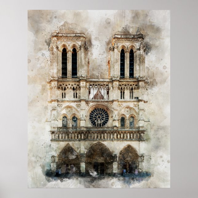 Poster Aquarela da Fachada Histórica da Catedral de Notre (Frente)