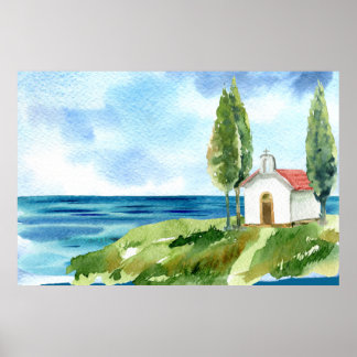 Poster Aquarela da Igreja Costeira de Praia do Oceano