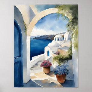 Poster Aquarela da Ilha da Grécia Santorini