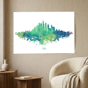 Poster Aquarela da Silhueta de Chicago Azul Verde Arte Ur