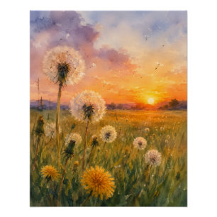 Póster Aquarela Dandelions no pôr do sol Meadow Paisagem