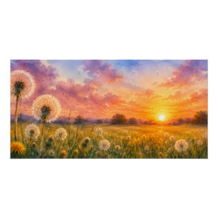 Póster Aquarela Dandelions no pôr do sol Meadow Paisagem