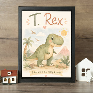 Poster Aquarela de Berçário do Dinossauro T. Rex Fofo