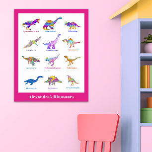 Poster Aquarela de dinossauro lindo com nomes rosa