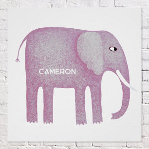 Póster Aquarela de Elefante Rosa Personalizada