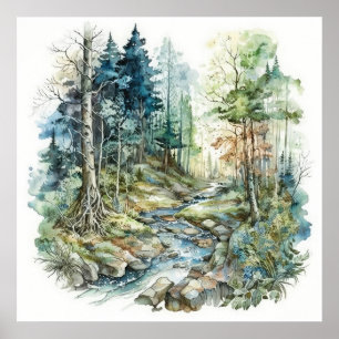 Poster Aquarela de Fluxo de Floresta Pacífica