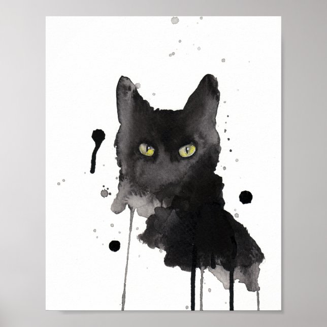 Poster aquarela de gato preto (Frente)