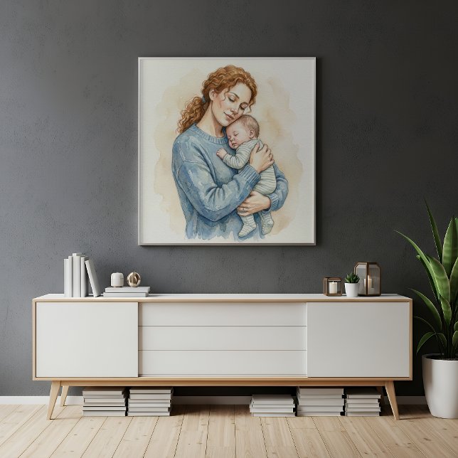 Poster Aquarela de Mãe Segurando Bebê Adormecido (Criador carregado)