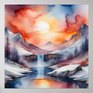 Poster Aquarela de montanhas cobertas de neve sob o pôr d