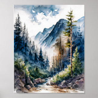 Poster Aquarela de Paisagem de Florestas Montanhosas