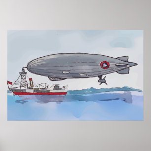 Poster Aquarela de um dirigível amarrado a um barco