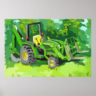 Poster Aquarela de um trator verde, retroescavadeira, emp