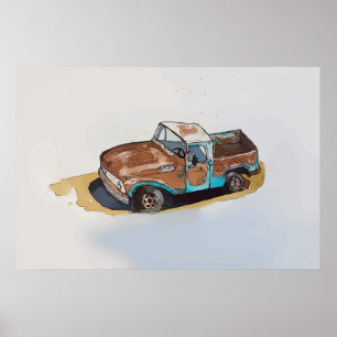 Poster Aquarela de um velho caminhão de recolha enferruja