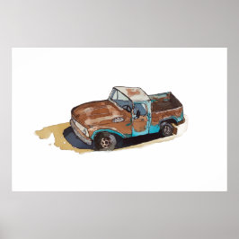 Poster Aquarela de um velho caminhão pickup enferrujado
