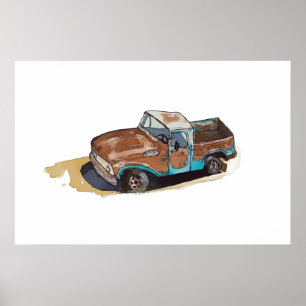 Poster Aquarela de um velho caminhão pickup enferrujado