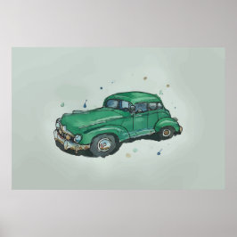 Poster Aquarela de um velho e enferrujado sedan verde