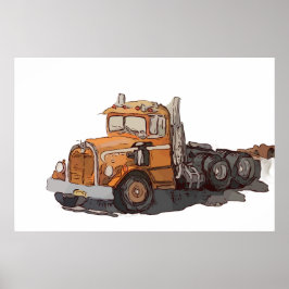 Poster Aquarela de um velho semi-trator laranja