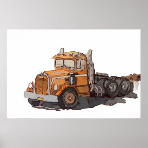 Poster Aquarela de um velho semi-trator laranja