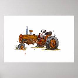 Poster Aquarela de um velho trator laranja enferrujado