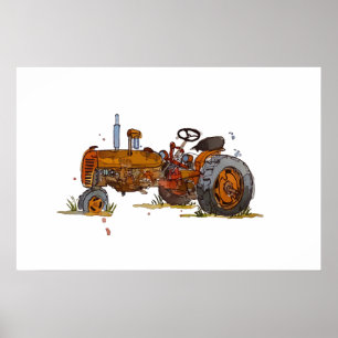 Poster Aquarela de um velho trator laranja enferrujado