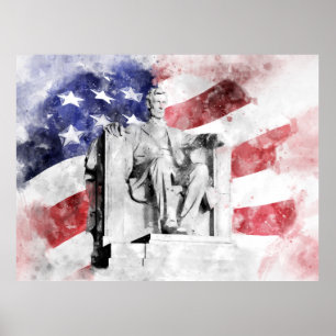 Poster Aquarela do Lincoln Memorial com bandeira american