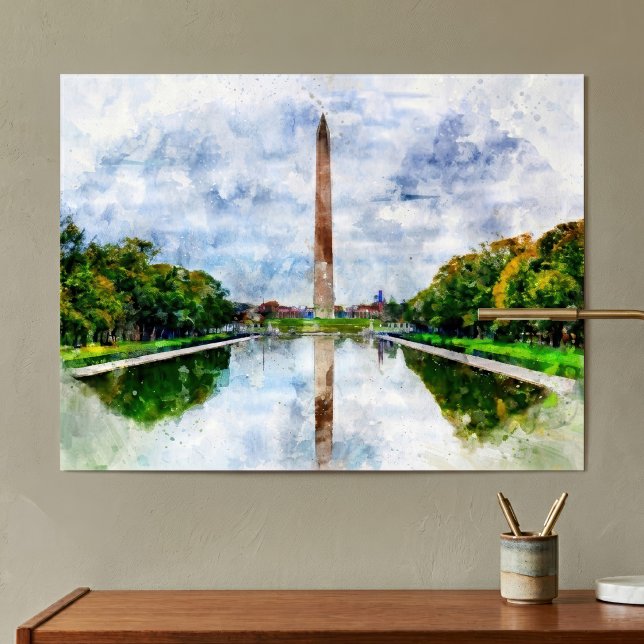 Poster Aquarela do Monumento a Washington com Reflexo (Washington Monument Watercolor with Reflection. Poster)