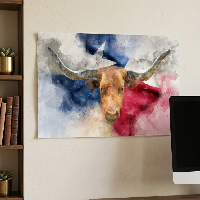 Poster Aquarela do Texas Longhorn com Arte do Mapa da Ban (Texas Longhorn Watercolor with Flag Map Art. Poster)