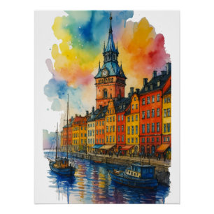 Póster Aquarela Estocolmo Suécia Cidade Velha Gamla Stan