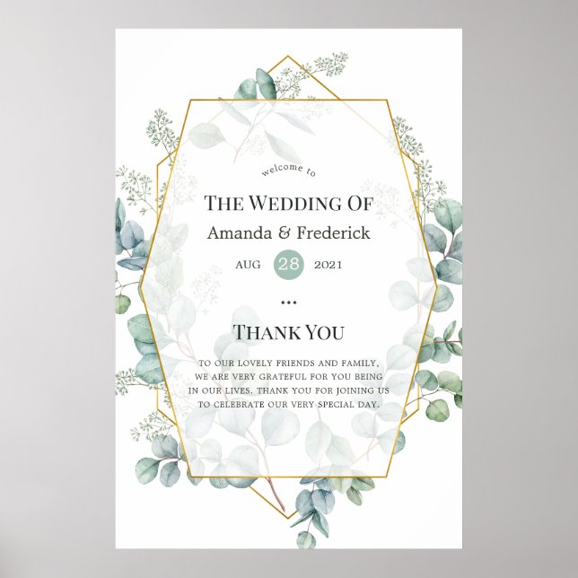 Poster Aquarela Eucalipto Geométrico Casamento Bem-vindo (Frente)