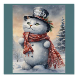 Póster Aquarela Feliz Natal Gato Neve