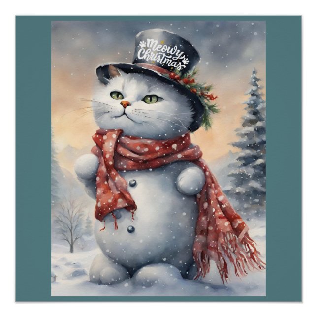 Póster Aquarela Feliz Natal Gato Neve (Frente)