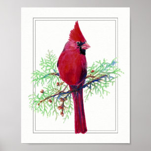 Poster Aquarela Feliz Natal, Pássaro Vermelho Cardeal