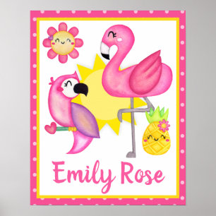 Poster Aquarela Flamingo & Papagaio de Verão Tropical