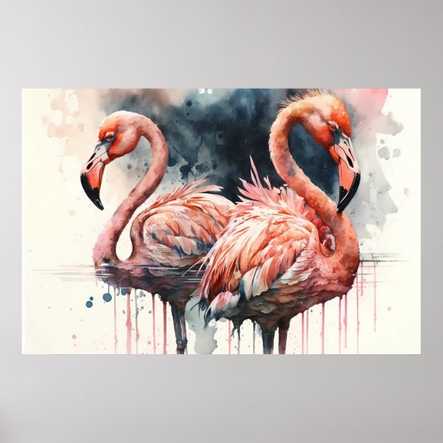 Poster Aquarela Flamingos Rosa Tropical (Frente)