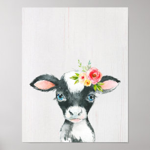 Poster Aquarela Floral Black & White Cow Art