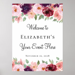Poster Aquarela Floral Borgonha Bege Qualquer Evento